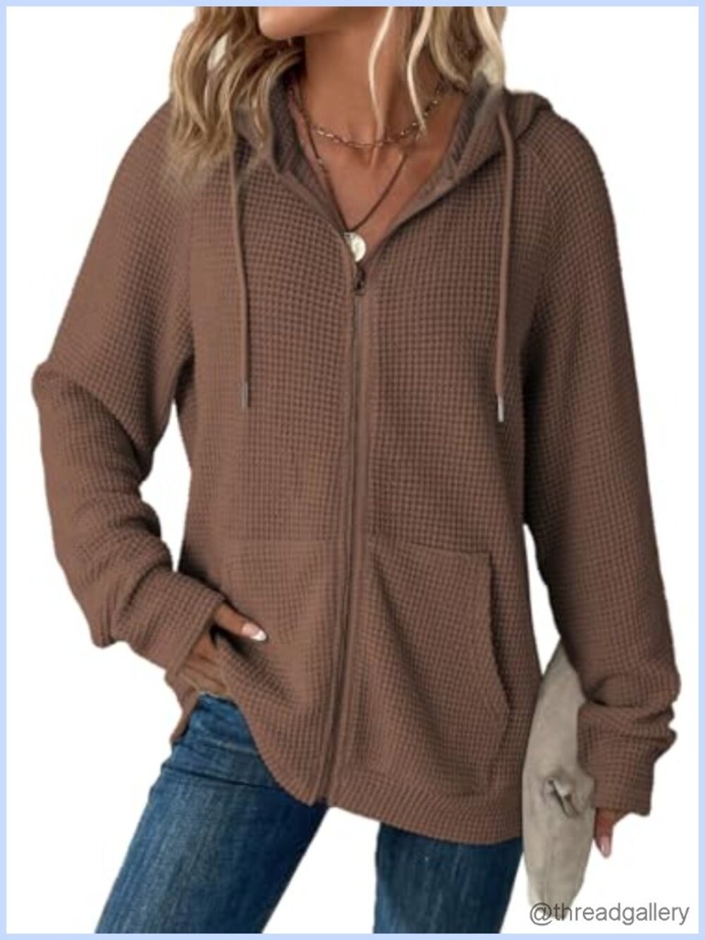 Women's Full Zip Waffle Knit Hoodie Long Sleeve Sweatshirt